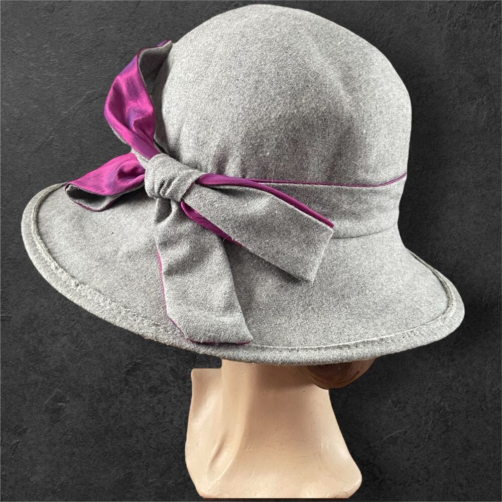 Kate Landry Grey 100% Wool Hat Wide Brim Cloche Purple Satin Ribbon ✨READ✨ - Picture 8 of 13